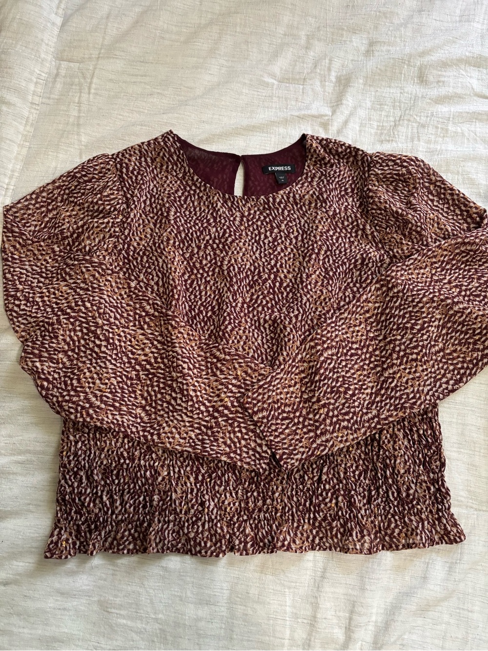 Express Women's Maroon and Tan Printed Long Sleeve Blouse